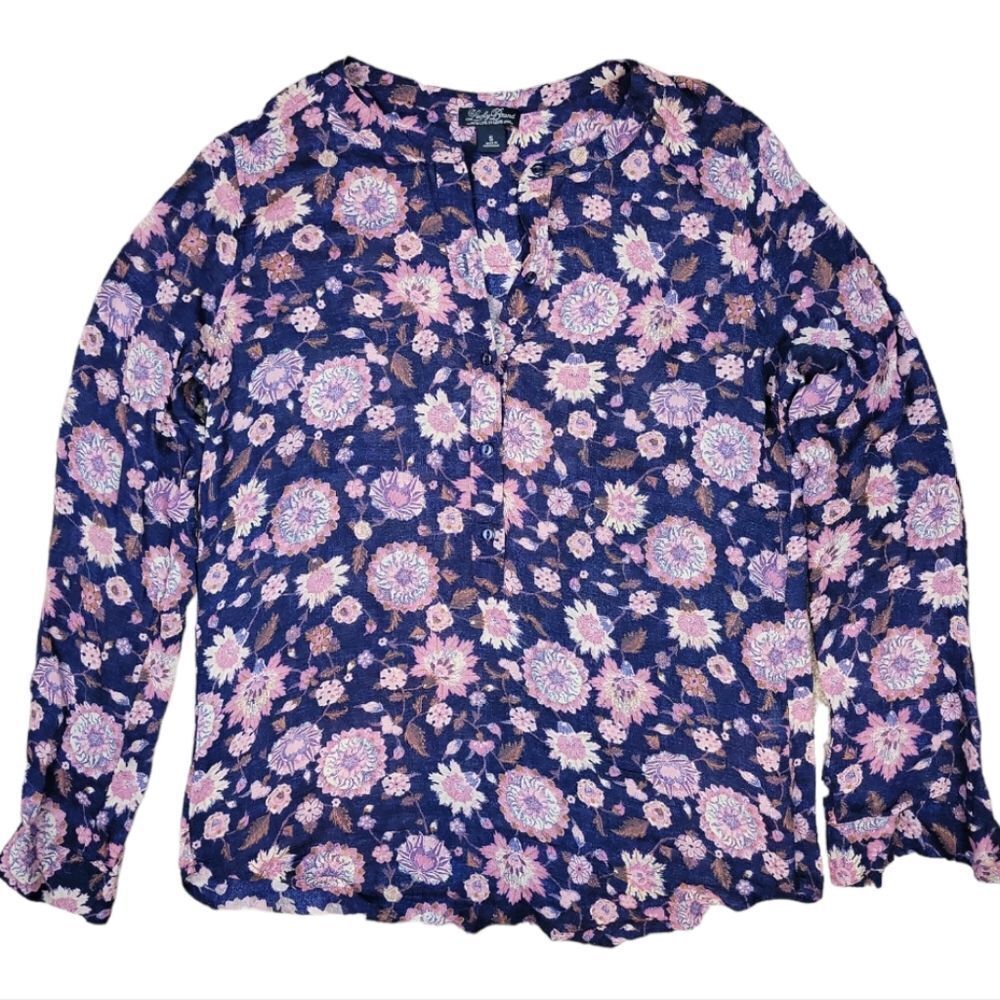 Lucky Brand Navy Blue Floral Flowy Long Sleeve Blouse Size S